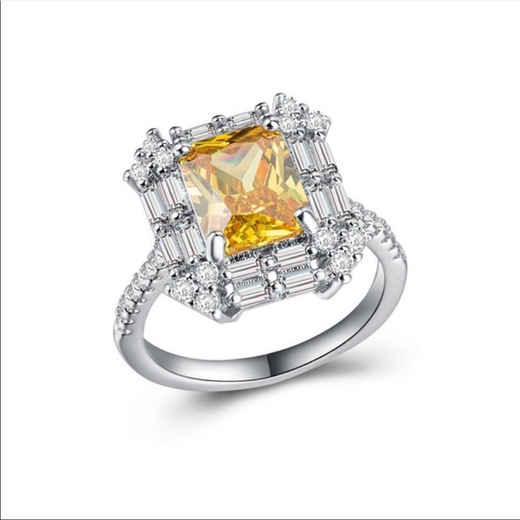 New Luxury 925 Silver Diamond Citrine Halo Ring - Picture 2 of 4